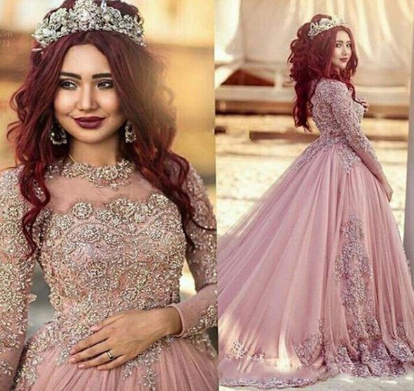 

special arabic prom dresses jewel high neck illusion lace appliques beaded tulle long sleeves court train formal party dress eveni8737179, Black