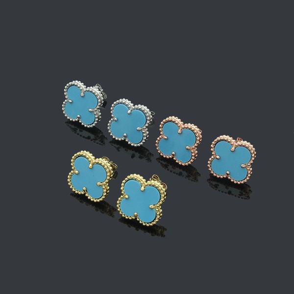 

blue color women luxury designer studs flower stamp stainless steel engagement couple brand earrings wholesale, Golden;silver