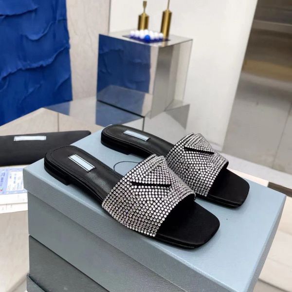 

rhinestone padded satin slippers crystal embellished slides summer sandals shoes logo-detail flats sandal women luxury designer slide slippe, Black