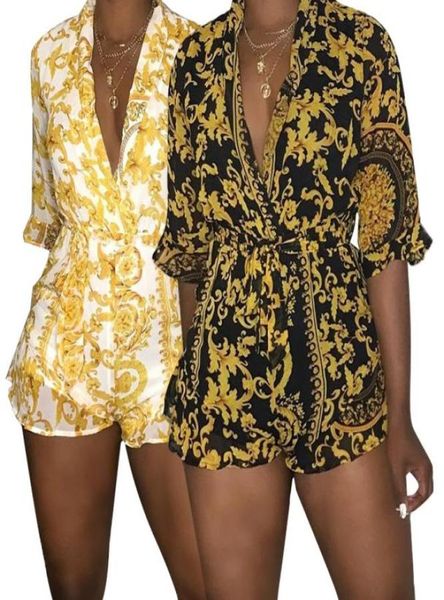 

women summer print jumpsuit fashion half sleeve vintage overalls for women shorts bodysuit yb19387099251, Black;white