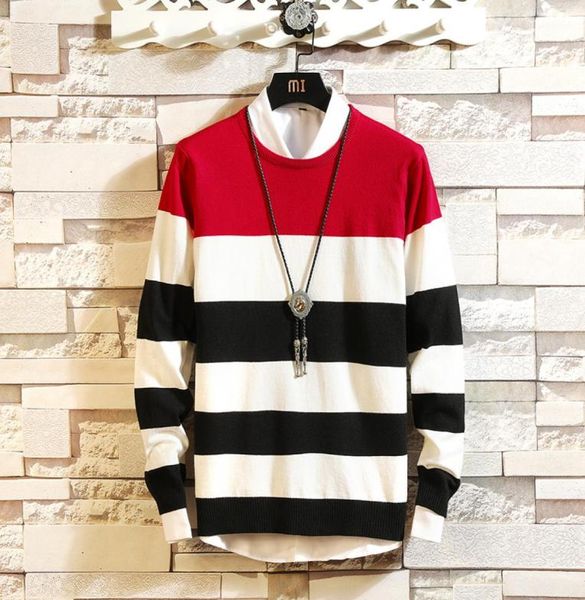 

autumn new fashion striped color round neck sweater trendy men korean version of the slim trend youth pullover sweater6293553, White;black