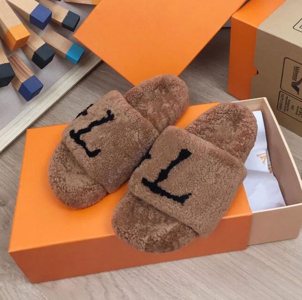 

designer winter slippers women wool slipper fur fluffy warm luxury letters embroidery sandals indoor outdoor comfortable home flip casual sh, Black