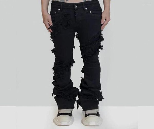 

men039s jeans fashion flared men039s ripped distressed streetwear black denim pants long ribbons trend man3089532, Blue