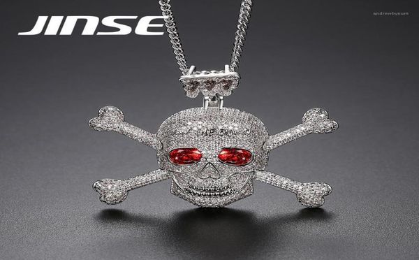 

jinse full rhinestone punk red cz stone skeleton skull pendants necklaces for men gold color hip hop jewelry gift rope chain12200939, Silver