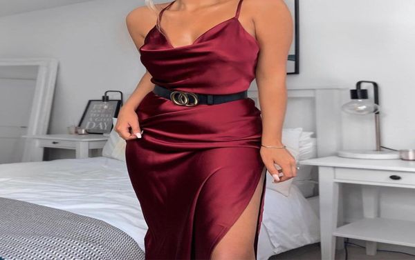 

satin silk women midi dress strap side slit backless streetwear party clothes elegant dinner vestido vintage robe clothes7449594, Black;gray