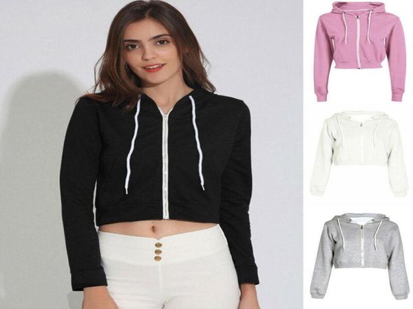 

women plain hoodies crop outdoor sports sweatshirt hooded coat casual zip up jacket outwear sports clothing shirt12707517, Black;blue
