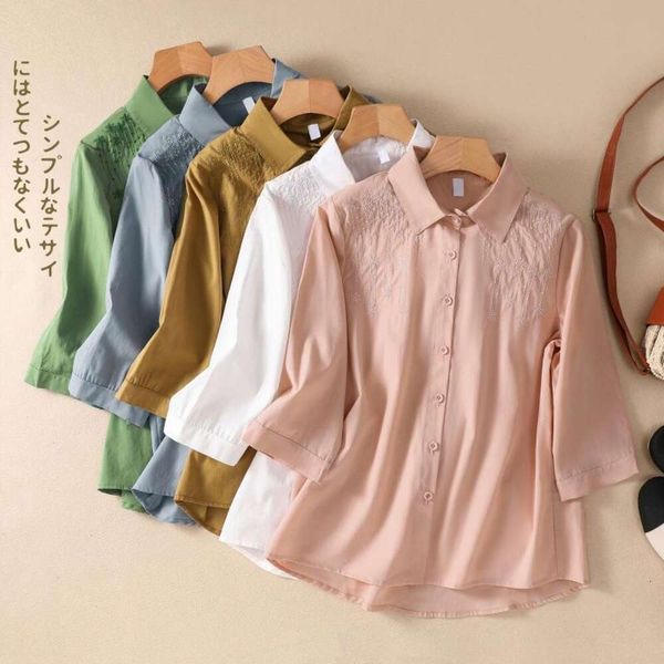 

embroidered loose cotton and linen shirt womens artistic retro casual three quarter sleeve summer collection, White