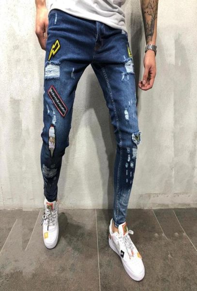 

men039s clothing denim trousers 2021spring new mens patchwork badge hole jeans man slim fit biker ripped jean skinny pants homm6769365, Blue