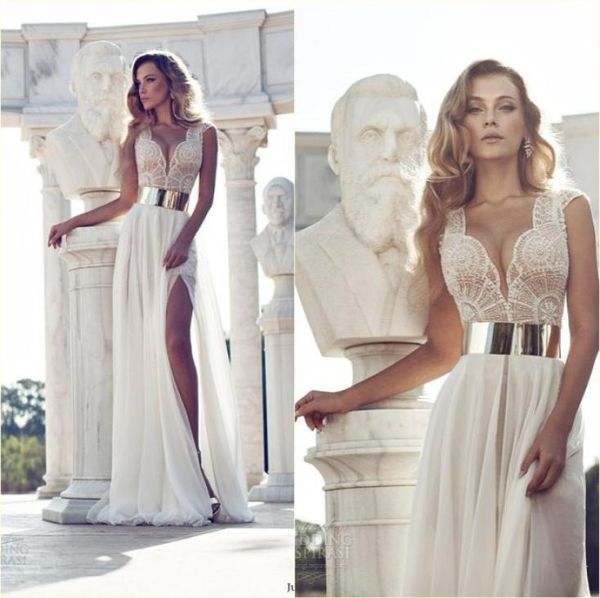 

exquisite beading julie vino in stock wedding dresses ivory vneck gold belt aline side slit floorlength chiffon bridal gowns2176077, White