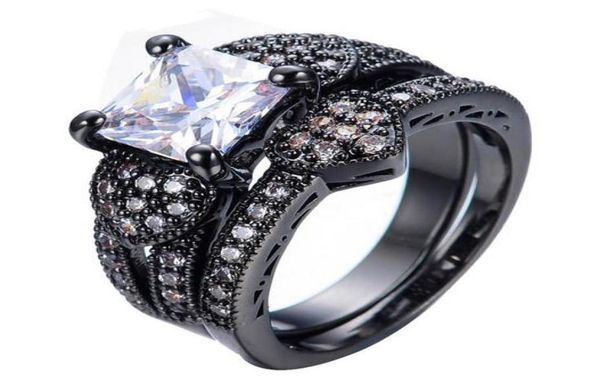 

black gold filled jewelry white zircon male female heart ring sets vintage wedding rings for men and women4138710, Golden;silver