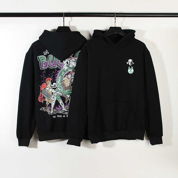 

men's fashion personality american high street hip-hop kaienye west parody skull print hoodie hoodie men and women loose coat, Black