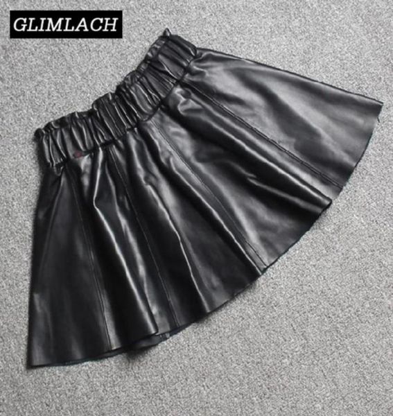 

skirts genuine leather mini women elastic waist lambskin 100 real pleated aline ladies slim autumn skirt64352792537301, Black