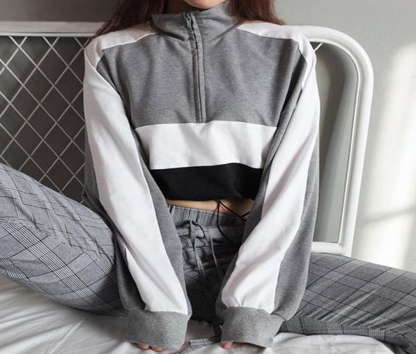 

feitong women sweatshirts 2018 autumn women longsleeve pullover sweatshirt blouse zipper crop patchwork shirt96302541018310, Black