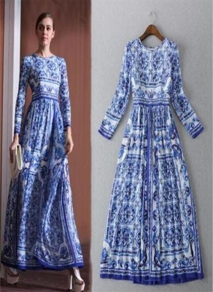 

new women039s european style boho long sleeve vintage blue and white print dress brand maxi dress party dresses lj2008248808975, Black;gray
