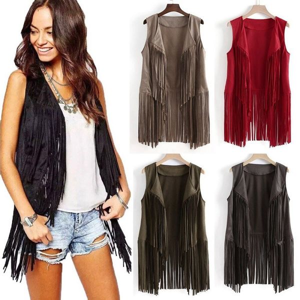 

women's vests women faux suede ethnic sleeveless jacket long fringe tassels 70s hippie open front cardigan vintage cowgirl waistcoat ve, Black;white