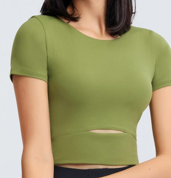 

slim yoga solid color hollow out short sleeve tshirt with chest padded sports bra for women running fitness crop 768185, White