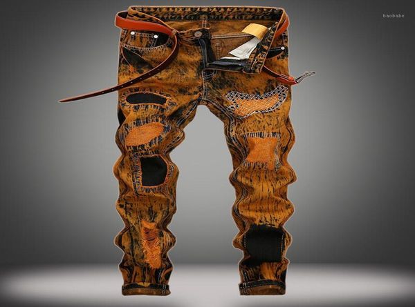 

men039s jeans fashion retro tide denim pants male hole personality slim straight men039s yellow printed embroidery ripped15418849, Blue