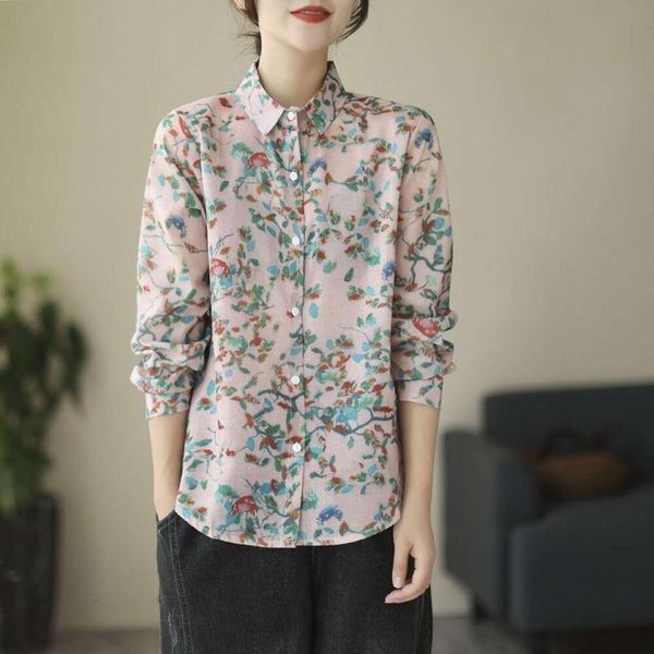 

vintage hong kong style floral shirt for women cotton and linen printed casual loose, White
