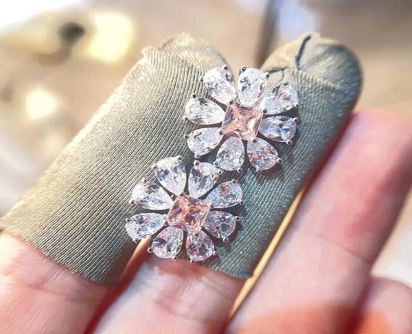 

choucong brand unique stud earrings luxury jewelry real 925 sterling silver party pear cut white z cz diamond chrysanthemum wo7278775, Golden;silver