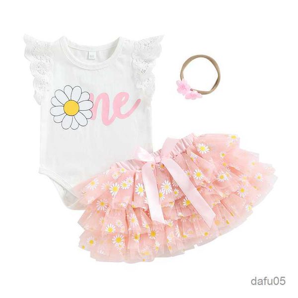 

clothing sets baby girls summer jumpsuit set floral print fly sleeve rompers and casual layered mesh tulle skirt headband r230814, White