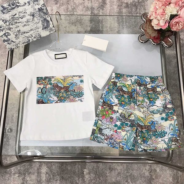 

childrens child designer clother kids short sleeve t-shirt shorts set suit boys girls sets sports with letter tiger flower forest cotton, White