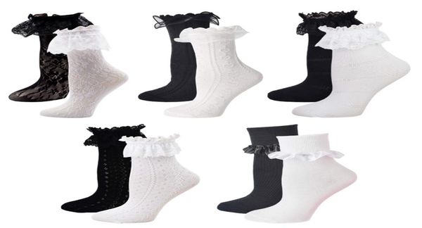 

rmsweetyil lace ruffle frilly ankle socks for women white cute lolita sheer fishnet casual ladies black crew dress sock 211204477136, Black;white