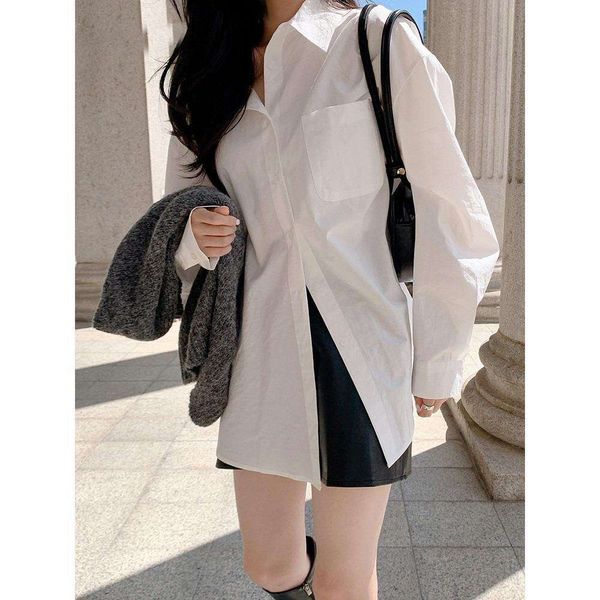 

spring and autumn pure color shirts all match blouse for women loose skinny small french shirt wholesale, White
