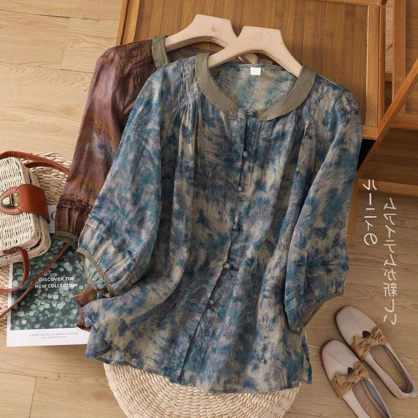 

item title summer style linen shirt with seven point sleeves womens belly cover large size dress, White