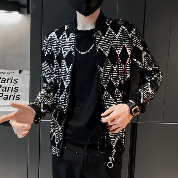 

men s jackets jas diamond plaid men hip hop y2k bombers jacket night club stage streetwear thin coat clothing veste homme 230814, Black;brown