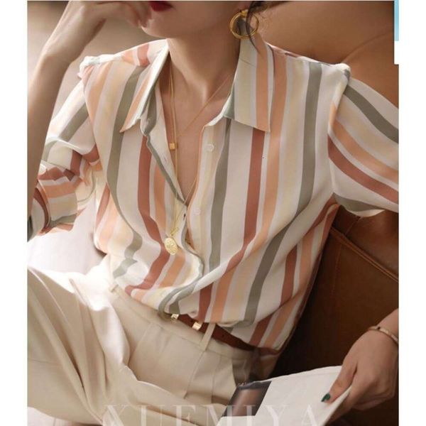 

striped shirt womens long sleeved spring wear niche retro silk slimming, White