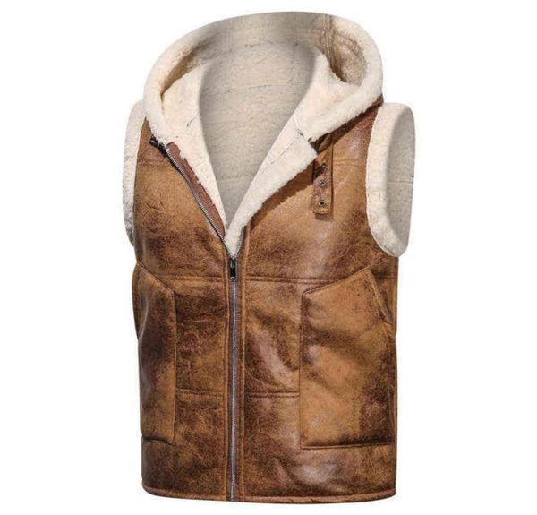

2022 men autumn and winter new vest faux fur solid color zipper hooded pu leather vest j22072252364442304599, Black