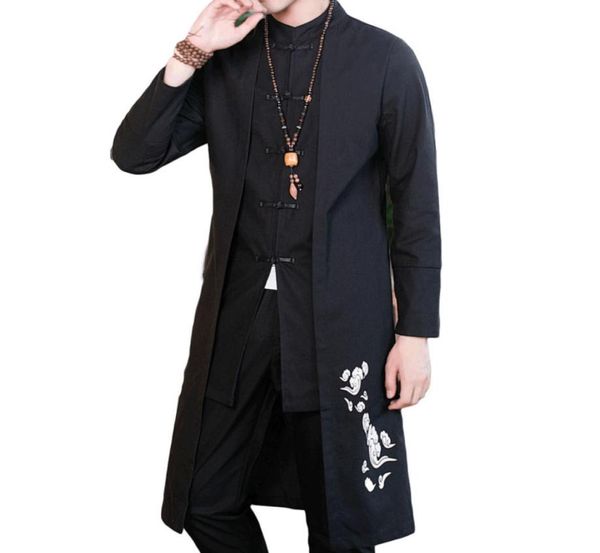 

4008 straight cotton linen trench coat men plus size mandarin collar embroidery vintage chinese style clothing false two piece7616782, Tan;black