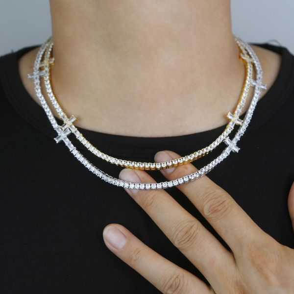 

new designer 3mm tennis chain with cross charm choker necklace hip hop women men full paved pink blue 5a cubic zirconia party gift jewelry, Silver