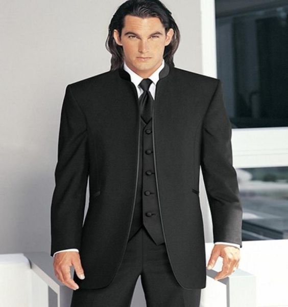 

standing collar handsome groom tuxedos men prom party business suit man work suit set jacketpantsvesttie no9038288661, Black;gray