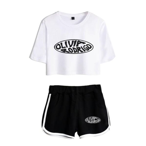 

trendy kawaii olivia rodrigo print dew navel sport girl suits trendy youthful two piece set women shortslovely tshirt5108590, White