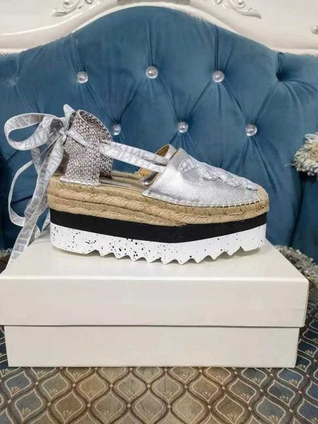 

silver denim letters ribbons stella mccartney sandals gaia espadrilles straw platform 8cm increasing fashion wedge denim summer shoes, Black