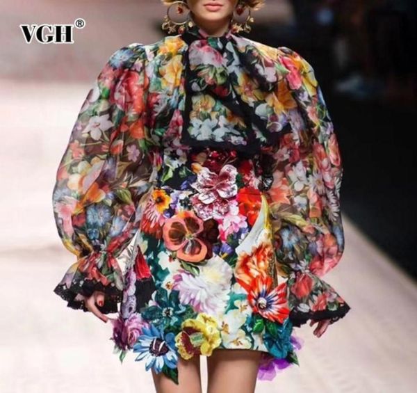 

vgh spring women vintage flare sleeve shirt bandage bow lace print button slim hem women039s fashion clothing 2019 new tide37627057935290, White