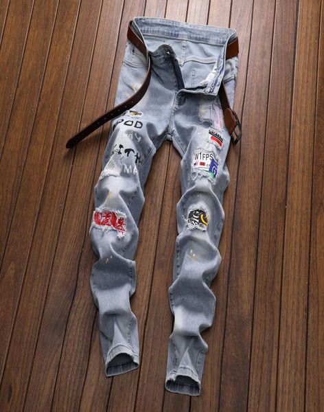 

spring and summer new men039s jeans light color hole patch men039s small straight slim fit trend embroidery casual trousers8079403, Blue
