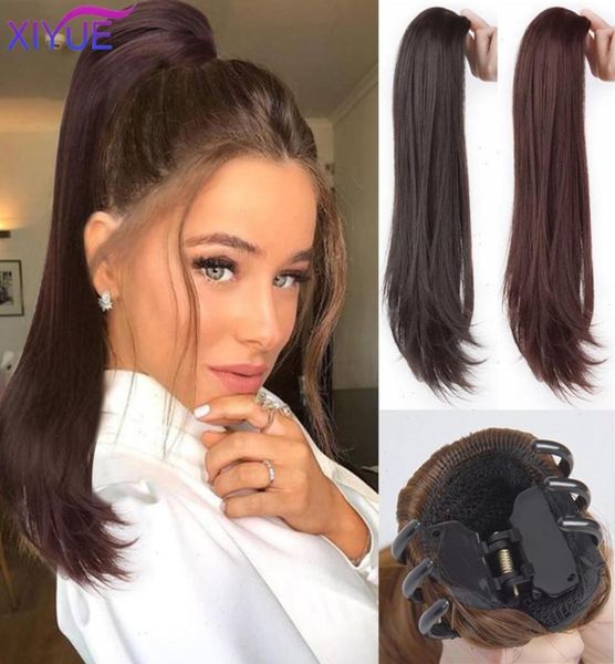 

long wavy straight claw clip on ponytail hair synthetic for women pony tail hairpiece14271506221629, Black;brown