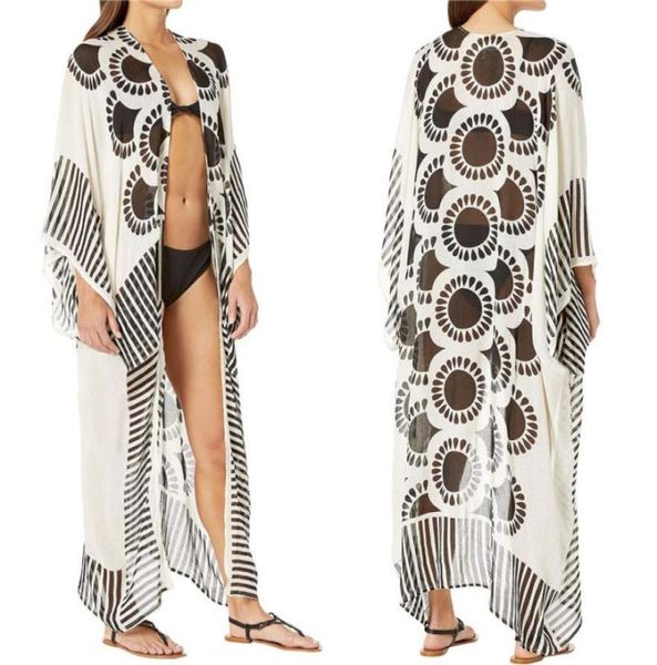 

2020 see through printed summer beach wear long kimono cardigan chiffon tunic plus size beachwear women blouse n9462380221, White