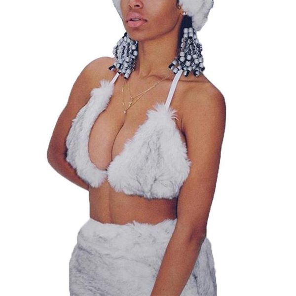 

women fashion winter warm halter faux fur triangle bra crop 270z, Red;black