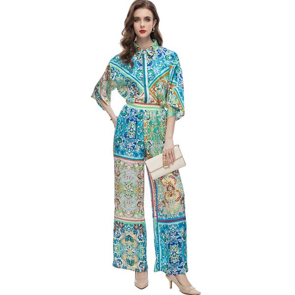 

women's two piece pants sets turn down collar 3/4 sleeves printed shirt with wide leg straight pant fashion twinset sets, White