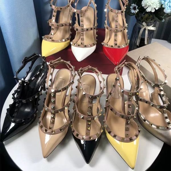 

level women luxurys designers shoes 10cm high heel balck patent leather buckled strap cage heels sandals stiletto pointed toes ankle straps, Black