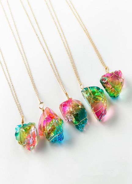 

rainbow stone pendant necklace irregular quartz stone crystal gemstone necklaces clothes chain for women3176942, Silver