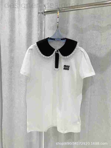 

women's t-shirt designer 23 spring/summer new polo collar contrast lace decoration pearl buckle bubble short sleeve sweet girl style i9, White