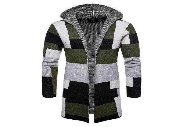 

long cardigan men sweater knit thick winter hooded mid long cardigan men sweater man patchwork design mens cardigans sweater male 3520283, White;black