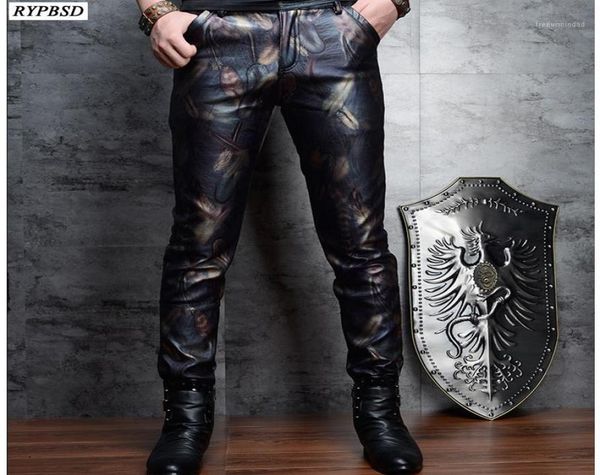 

skinny leather pants men fashion printed slim fit pu faux leather trousers zipper mens biker trouser16394933, Black