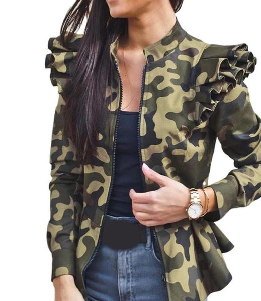 

autumn women fashion camouflage ruffles coat jacket winter long sleeve stand collar short coat female leopard plaid zipper ja6233399, Black;brown