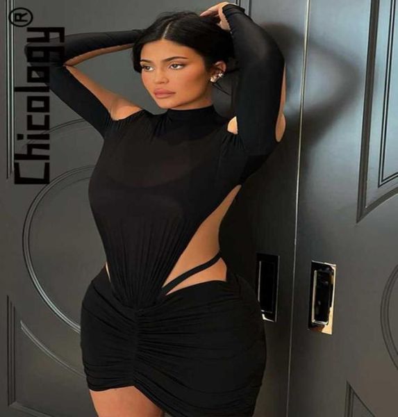 

casual dresses chicology 2022 women patchwork mesh long sleeve backless lace up bodycon mini dress kylie same style party clu7687582, Black;gray