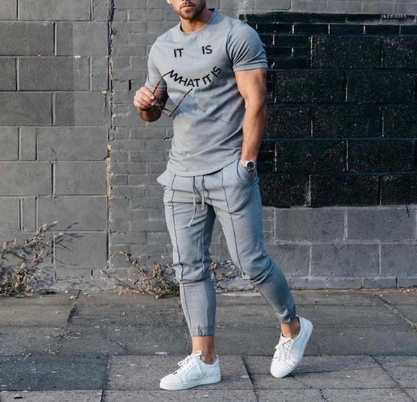 

men039s tracksuits 2022 spring summer men casual two piece sets fashion printed short sleeve tshirts and slim pants suit mens 7900974, Gray